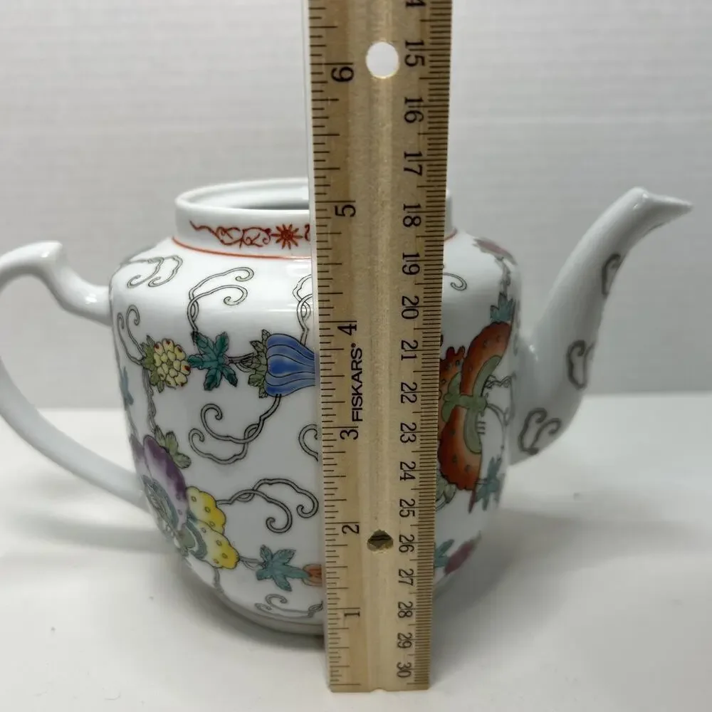Vtg Chinese Jingdezhen Porcelain Floral Teapot Hand Painted Flowers Butterflies